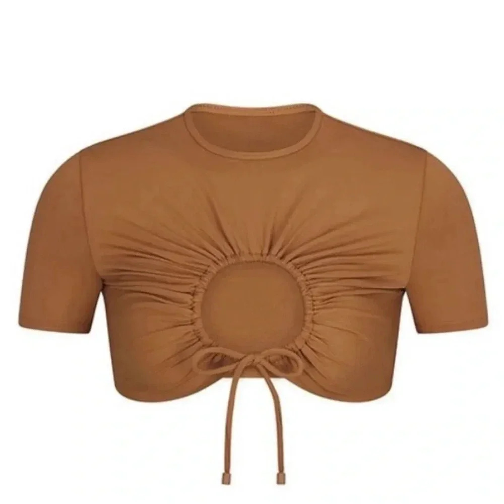 NWT SKIMS Women's Signature Swim Ruched T-Shirt Ochre Size XS